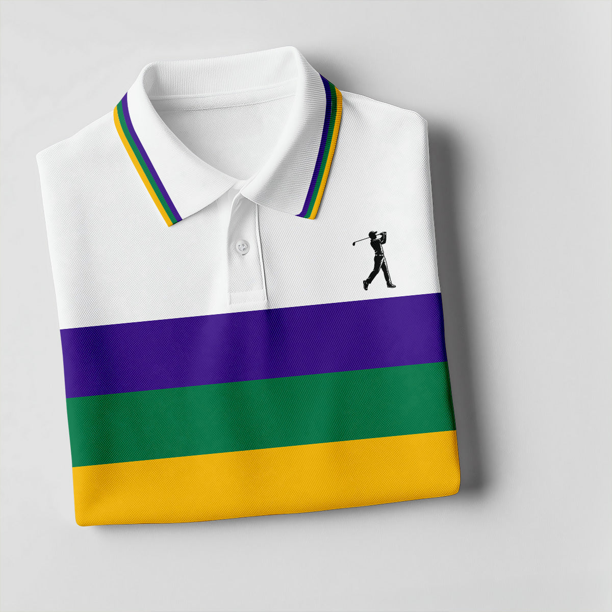 Mardi Gras Purple Green Gold Horizontal Stripes White Golf Shirt, Golf Tops For Men, Polo Shirts For Men