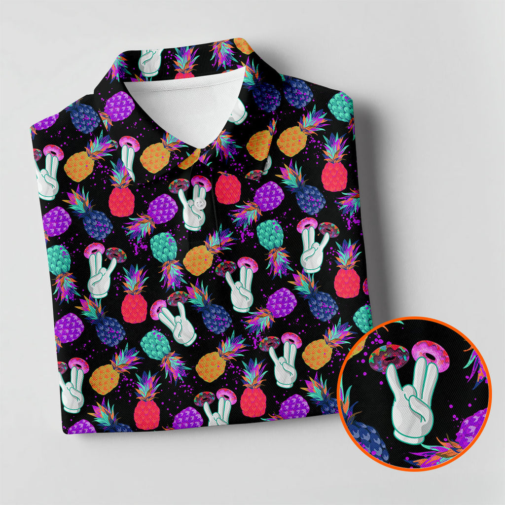 Hawaiian Pineapples Donut Finger Turquoise Orange Purple Fun Golf Shirts For Men, Polo ShirtFor Men