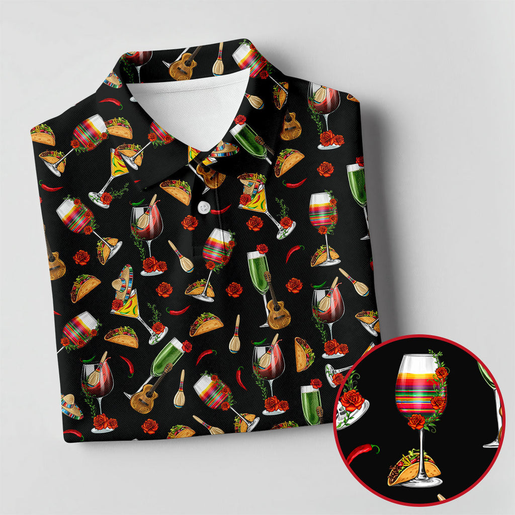 Traditional Mexican Taco And Wine Golf Tops For Men, Cinco De Mayo Celebration Golf Shirts For Men