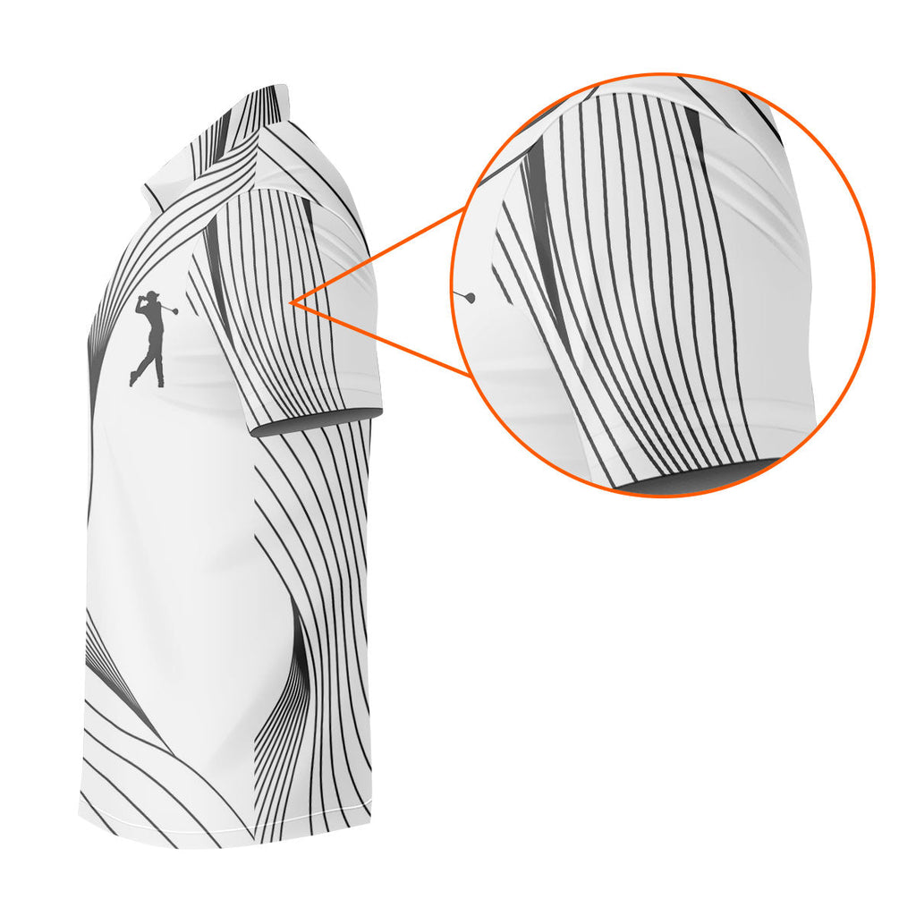 Geometric Line Wavy Line Black And White Golf Shirts For Men, Men's Golf Shirt, Polo Shirts For Men