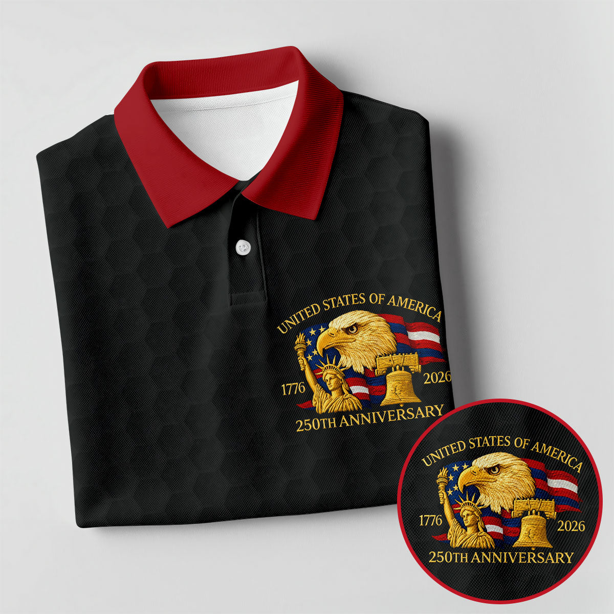 United States 250th Anniversary Patriotic Eagle Black Custom Golf Shirts, 4th Of July Golf Shirts For Men