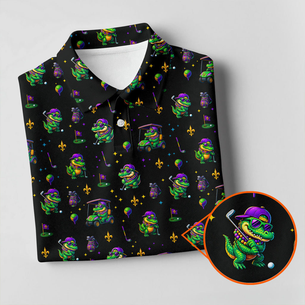 Funny Crocodile Mardi Gras Golf Shirts, Black Golf Shirt, Golf Gift For Men, Golf Shirts For Men