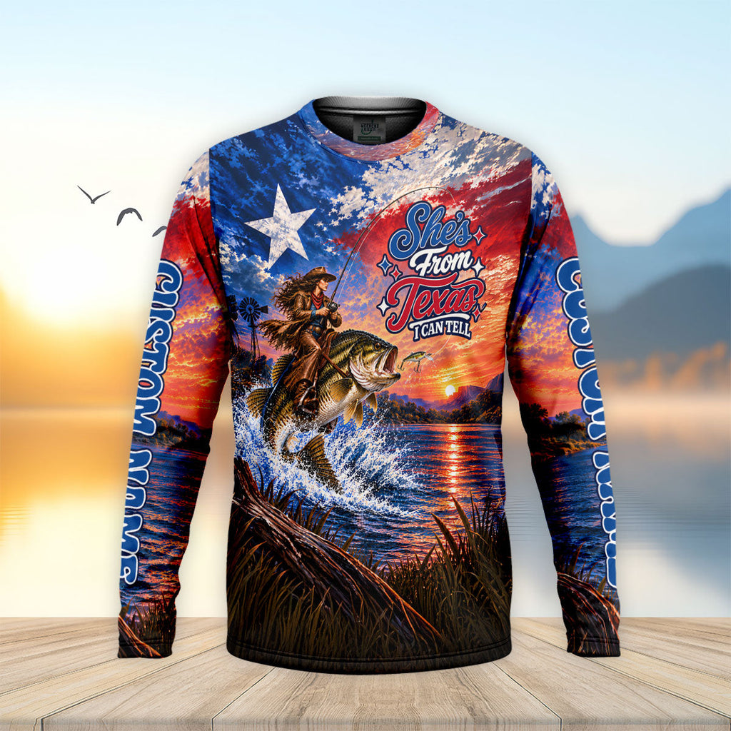 Shes From Texas I Can Tell Fishing UPF Shirt, Long Sleeve Fishing Shirt, Fishing Shirts For Men