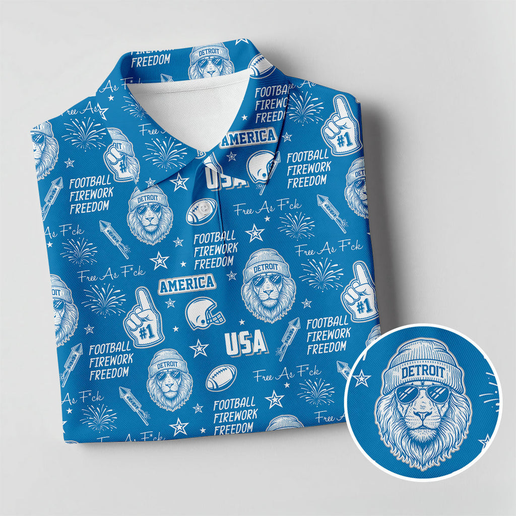 Cool Lion Football Freedom Blue Polo Shirt, American Football League Gift Ideas For Football Fans