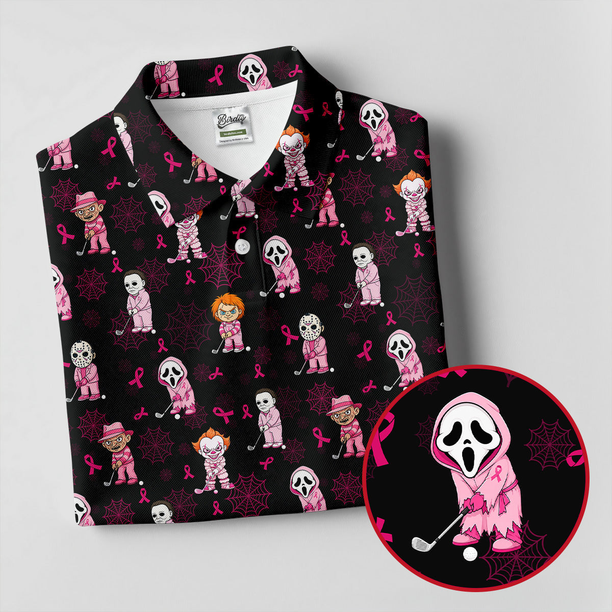 Black Halloween Horror Breast Cancer Polo Shirt, Men's Golf Shirt, Printed Golf Shirts
