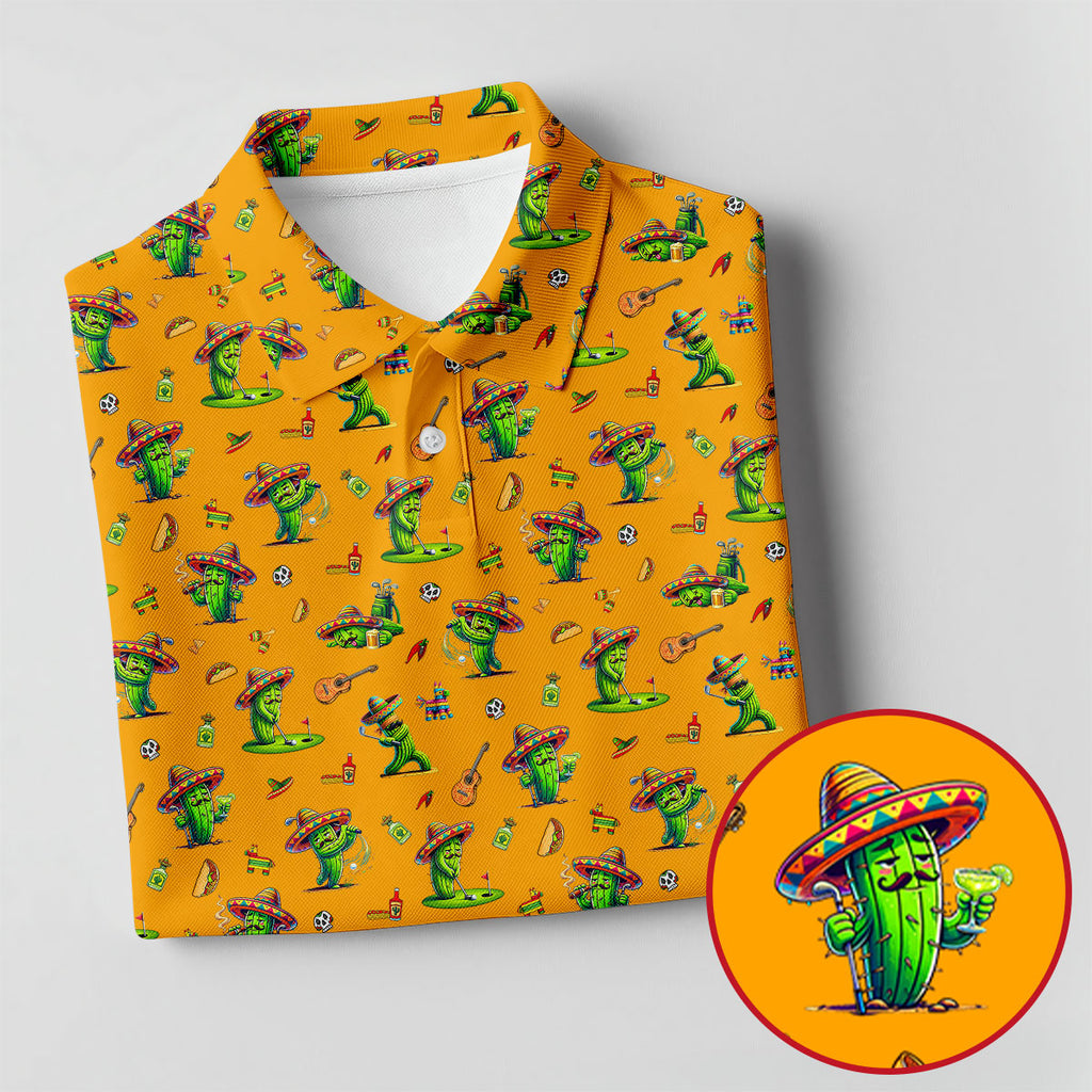 Cartoon Mustach Funny Cactus Cinco De Mayo Celebration Fiesta Themed Orange Golf Shirts For Men