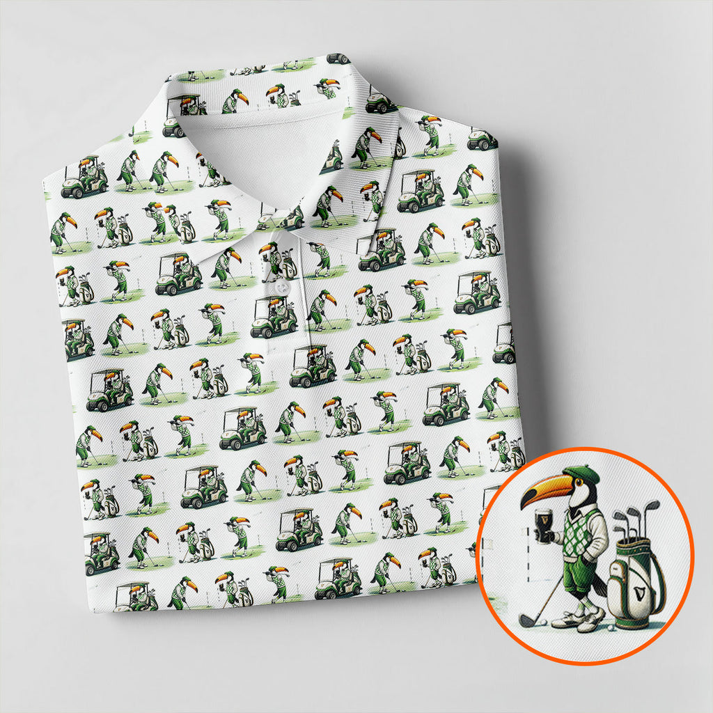 Funny Toucan Golf Pose White And Green Golf Tops For Men, Polo Shirts For Men, Golf Shirts For Men