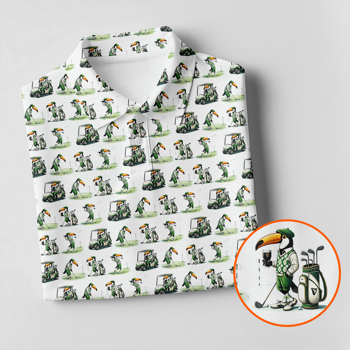 Funny Toucan Golf Pose White And Green Golf Tops For Men, Polo Shirts For Men, Golf Shirts For Men