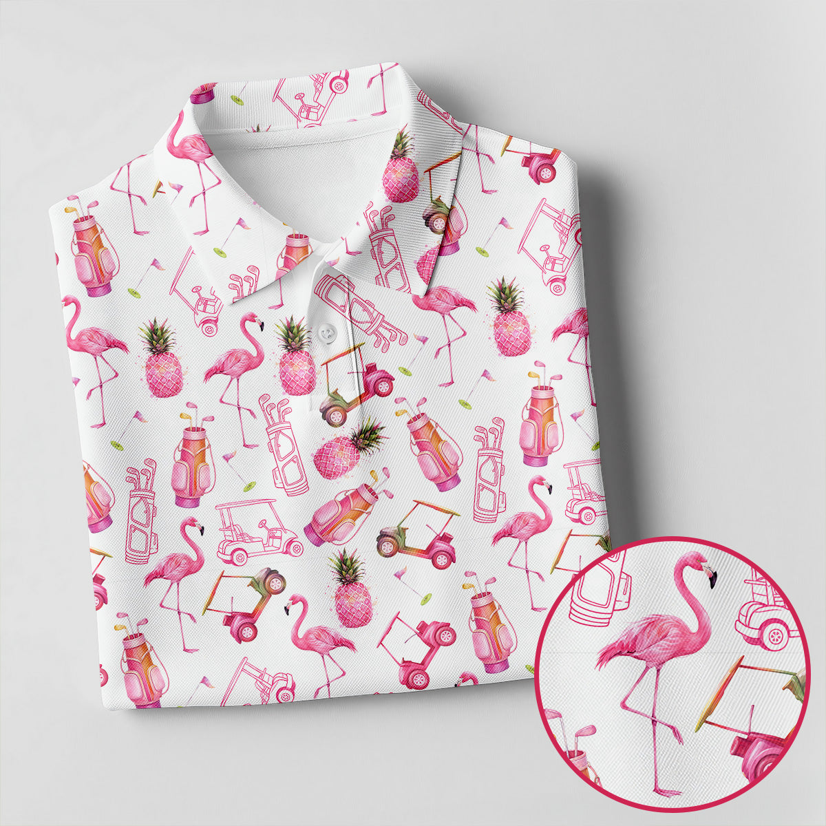 Funny Flamingo Pink Pineapple Tropical Vibe Golf Tops For Men, Men's Funny Golf Shirts, Polo Shirts For Men