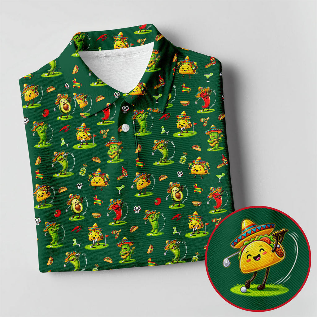 Mexican Cartoon Food Characters Cinco De Mayo Celebration Fiesta Themed Green Golf Shirts For Men