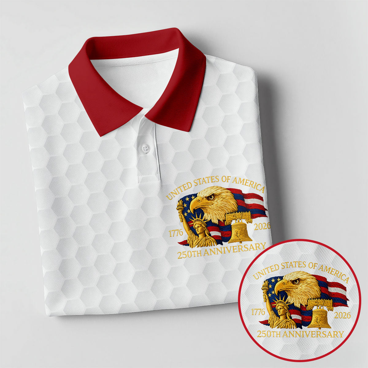 United States 250th Anniversary Patriotic Eagle White Custom Golf Shirts, 4th Of July Golf Shirts For Men