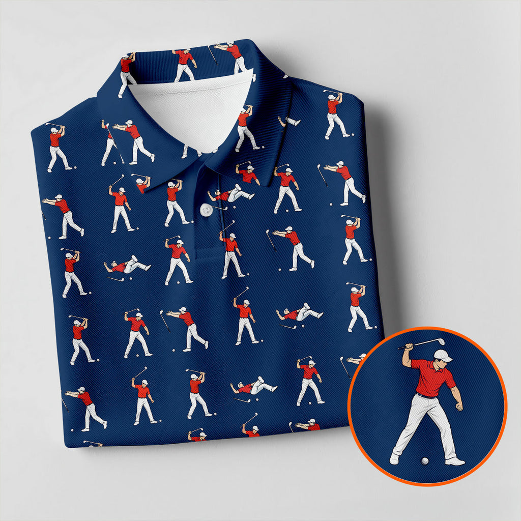 Cartoon Figures Golf Pose Navy Golf Shirt, Golf Tops For Men, Polo Shirts For Men, Golf Shirts For Men