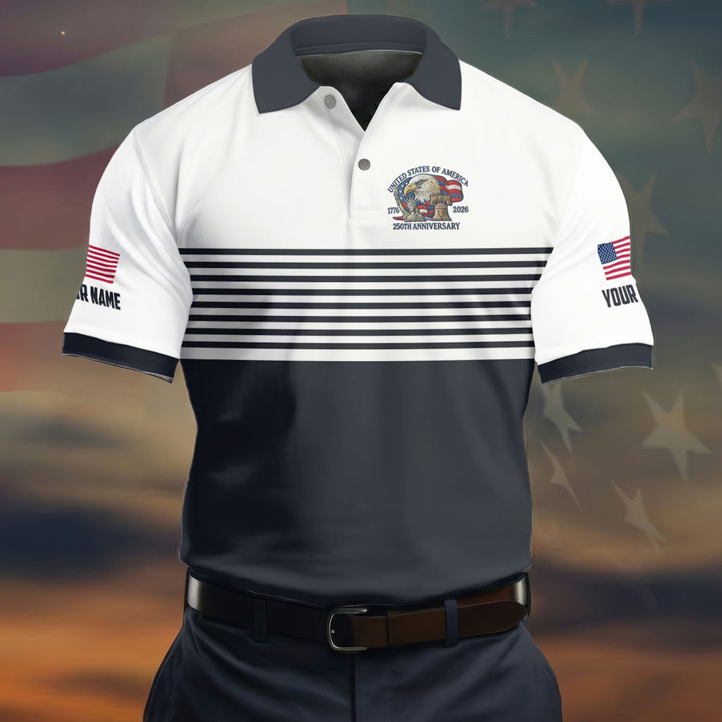 250th Anniversary Black Stripes Vintage Golf Shirt, Patriotic 4th Of July Golf Shirts For Men