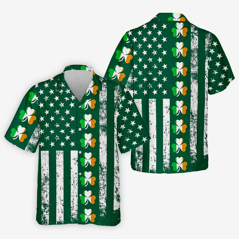 Irish American Flag St Patrick's Day Shirt, Shamrock Vertical Stripes Green Lucky Clover, Golf Shirts For Men