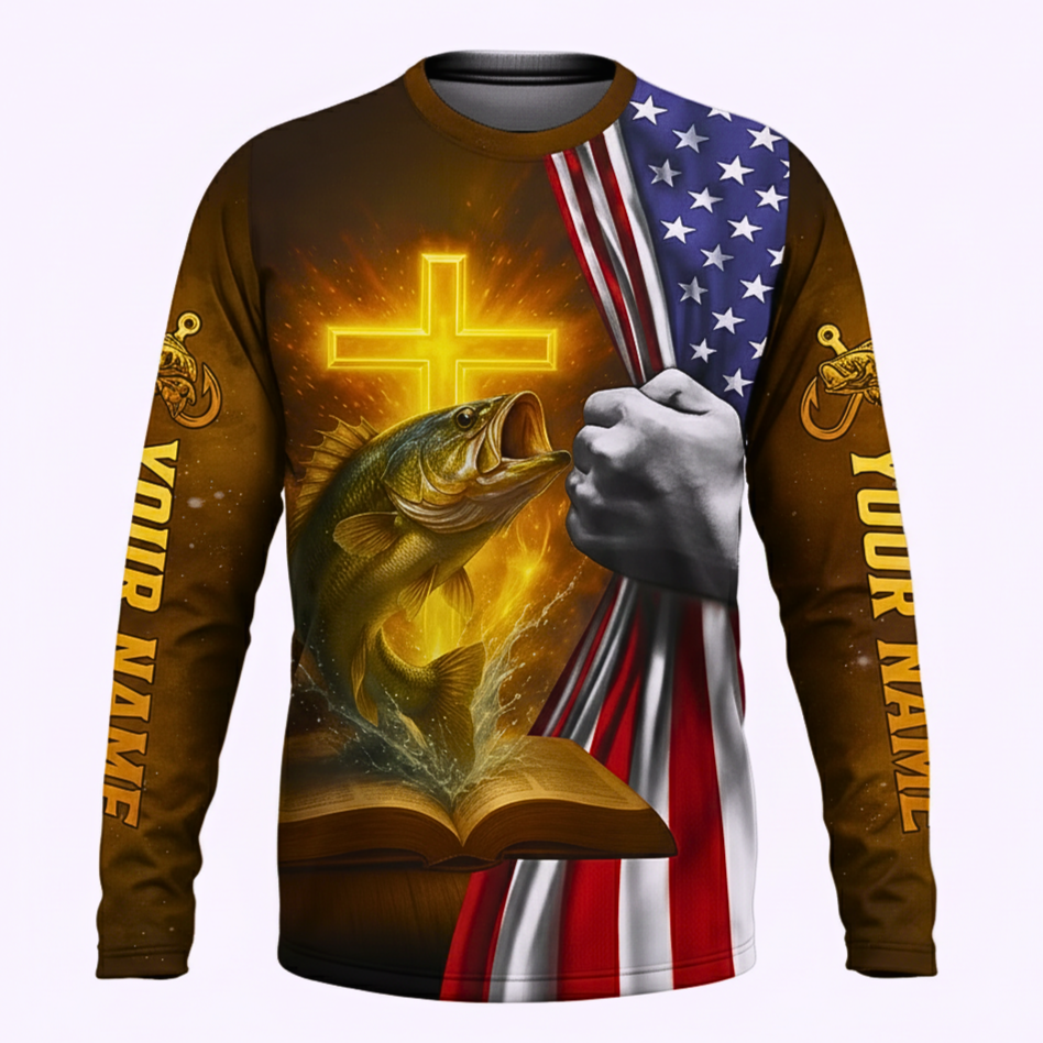 Personalized Fishing Long Sleeve Shirt – Hooked on Jesus – Mark 1:17 – Custom Name