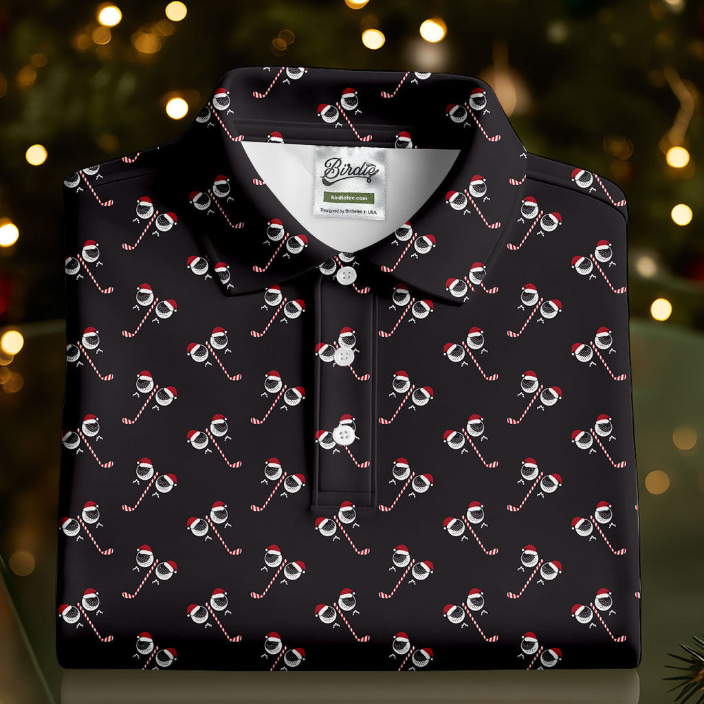 Funny Christmas Candy Cane Pattern Black Golf Shirt, Polo Shirts For Men, Christmas Golf Shirt