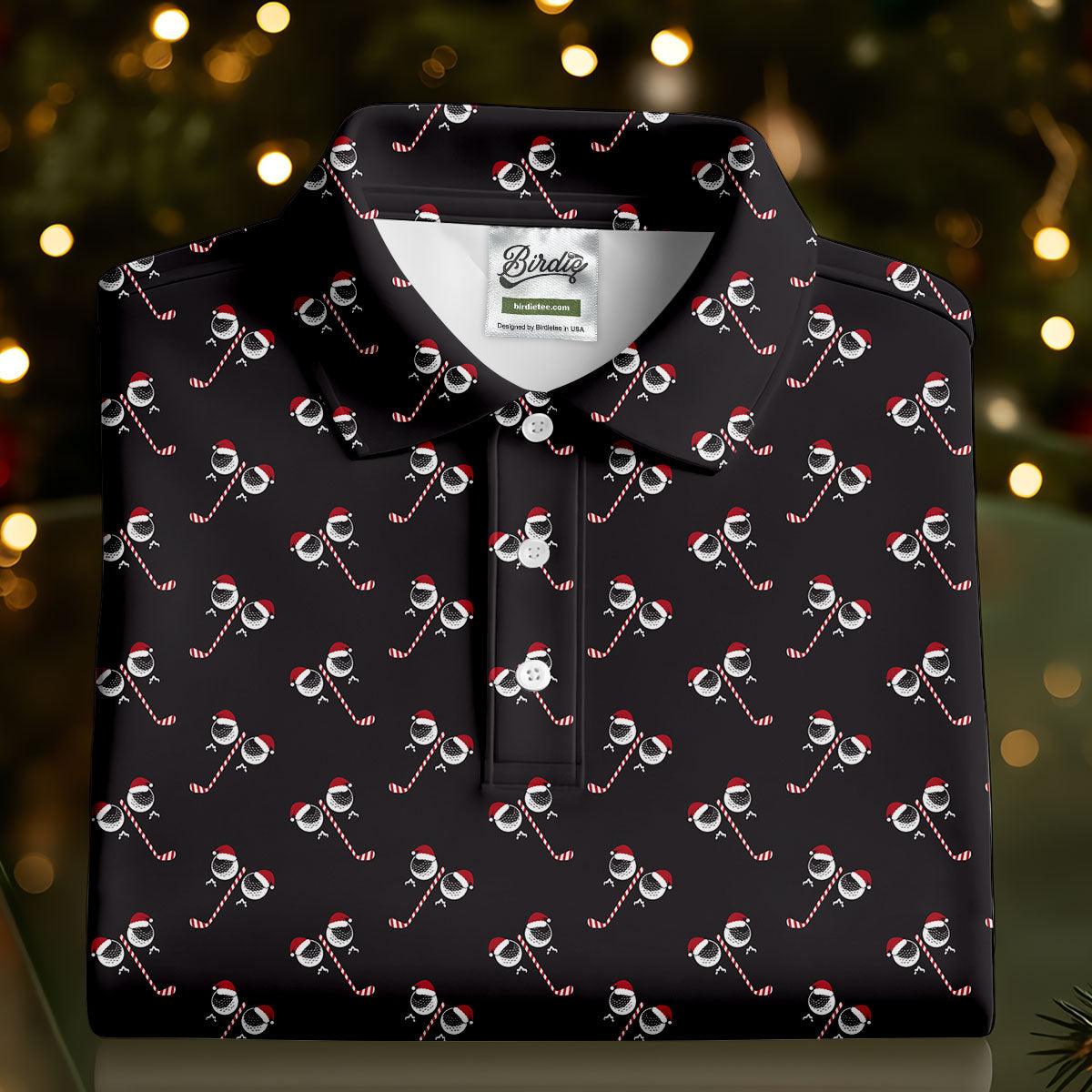 Funny Christmas Candy Cane Pattern Black Golf Shirt, Polo Shirts For Men, Christmas Golf Shirt