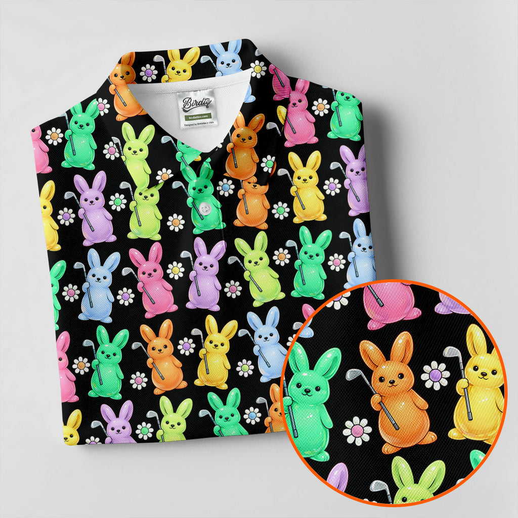 Colorful Easter Bunny Black Golf Shirt, Cute Golf Outfit, Golf Shirts For Men, Golf Gift For Men