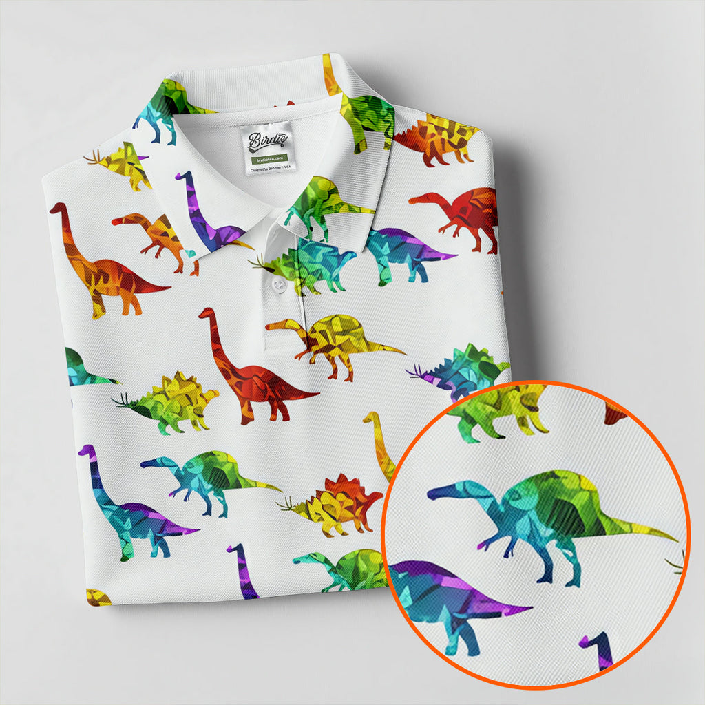 Colorful Dinosaur White Golf Shirt, Golf Tops For Men, Golf Shirts For Men, Polo Shirts For Men
