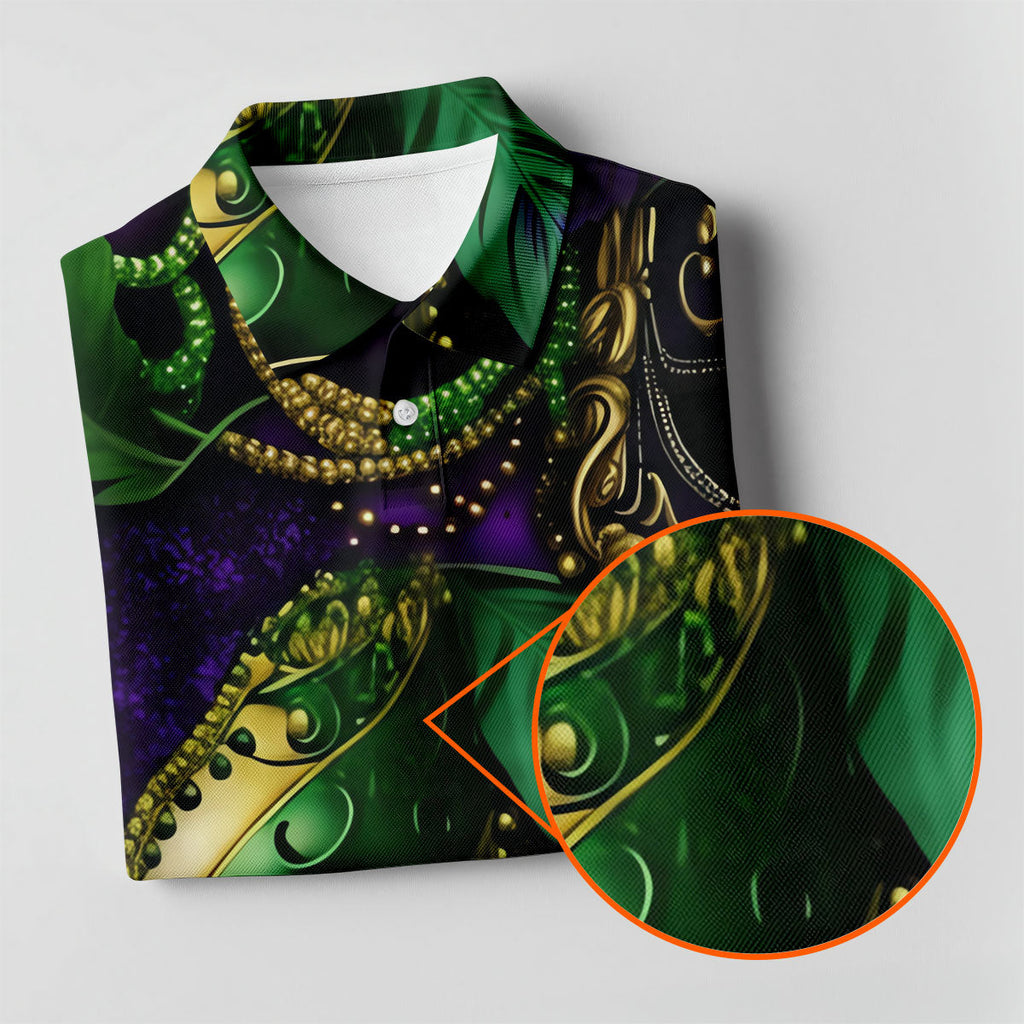 Purple Green Gold Carnival Mask Feather Print Mardi Gras Golf Shirt, Polo Shirts For Men, Golf Shirts For Men