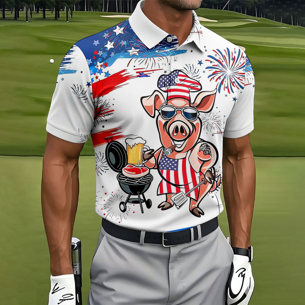 Patriotic American Flag Funny BBQ 250th Anniversary Polo Shirts For Men, Golf Shirts For Men