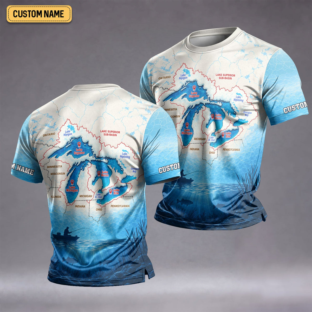 Personalized Great Lakes Fishing Map UPF Shirt, Mens Fishing Shirt, Fishing Apparel Shirt