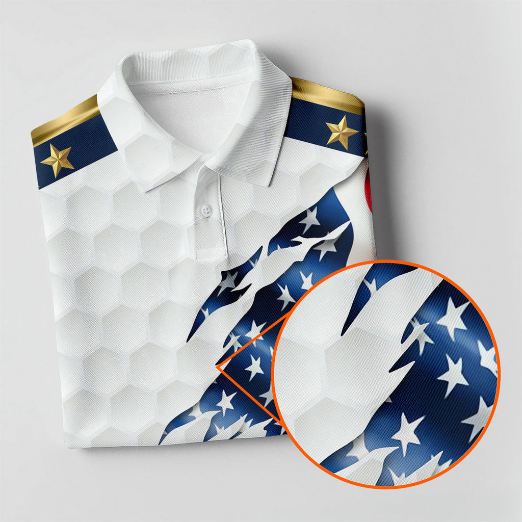 Rugged American Flag With Golf Ball Pattern 4th Of July Golf Tops For Men, 250th Anniversary Patriotic Golf Shirt