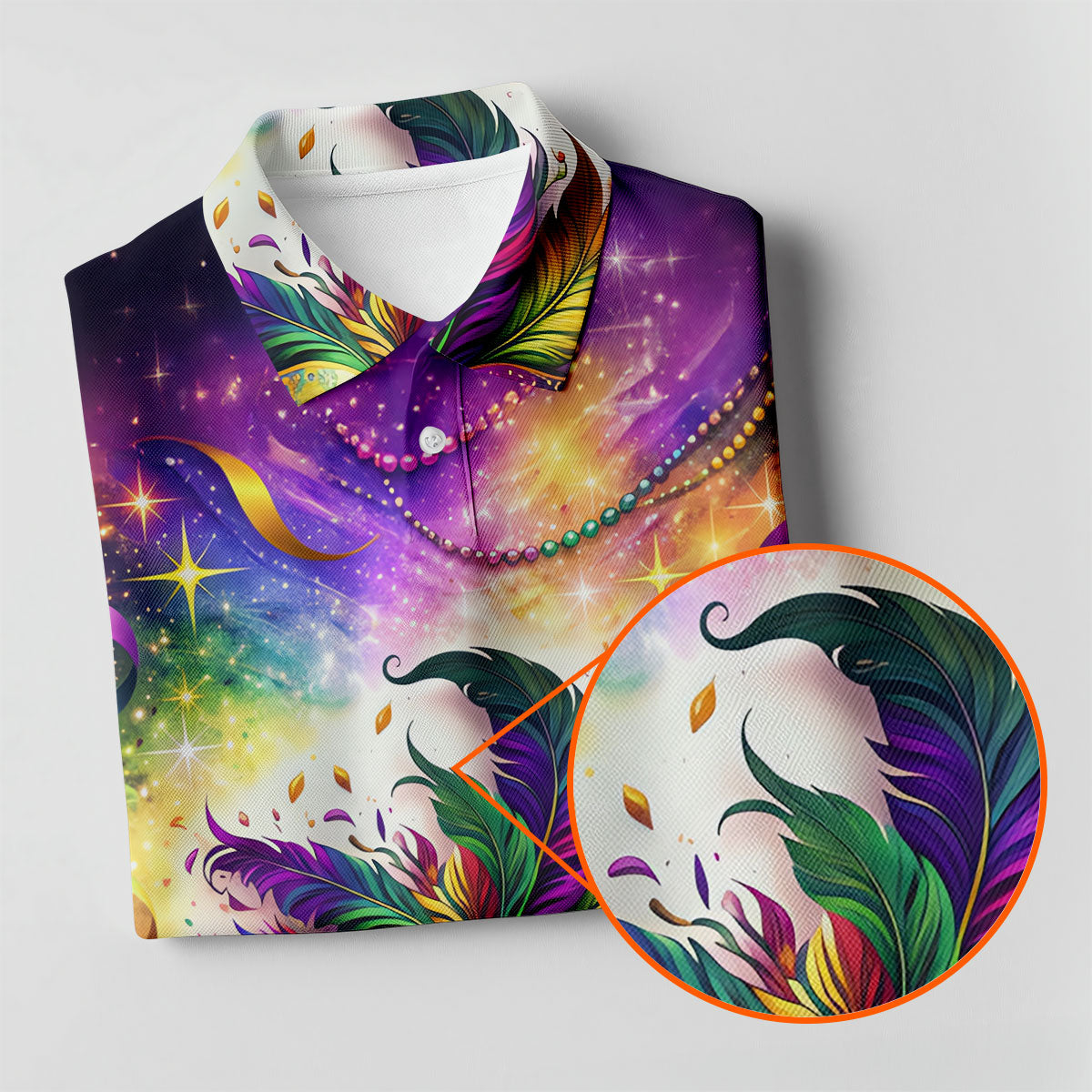 Carnival Mask Feather Print Purple Green Gold Dazzling Effect Mardi Gras Polo Shirts For Men, Golf Shirts For Men