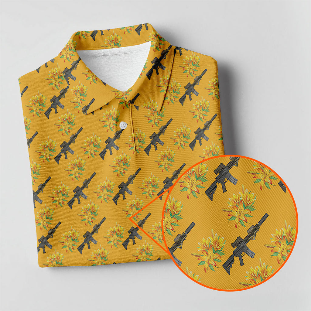 Gun And Flower Yellow Lily Flower Seamless Pattern Yellow Golf Shirt, Golf Tops For Men, Golf Shirts For Men