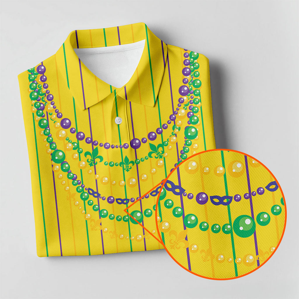 Mardi Gras Beads Necklaces Print Yellow Golf Shirt, Golf Tops For Men, Polo Shirts For Men, Golf Shirts For Men