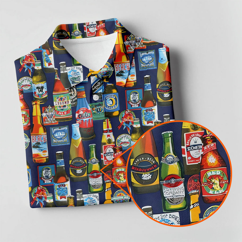 Beer Bottle Labels Navy Golf Shirt, Men's Funny Golf Shirts, Golf Tops For Men, Golf Shirts For Men