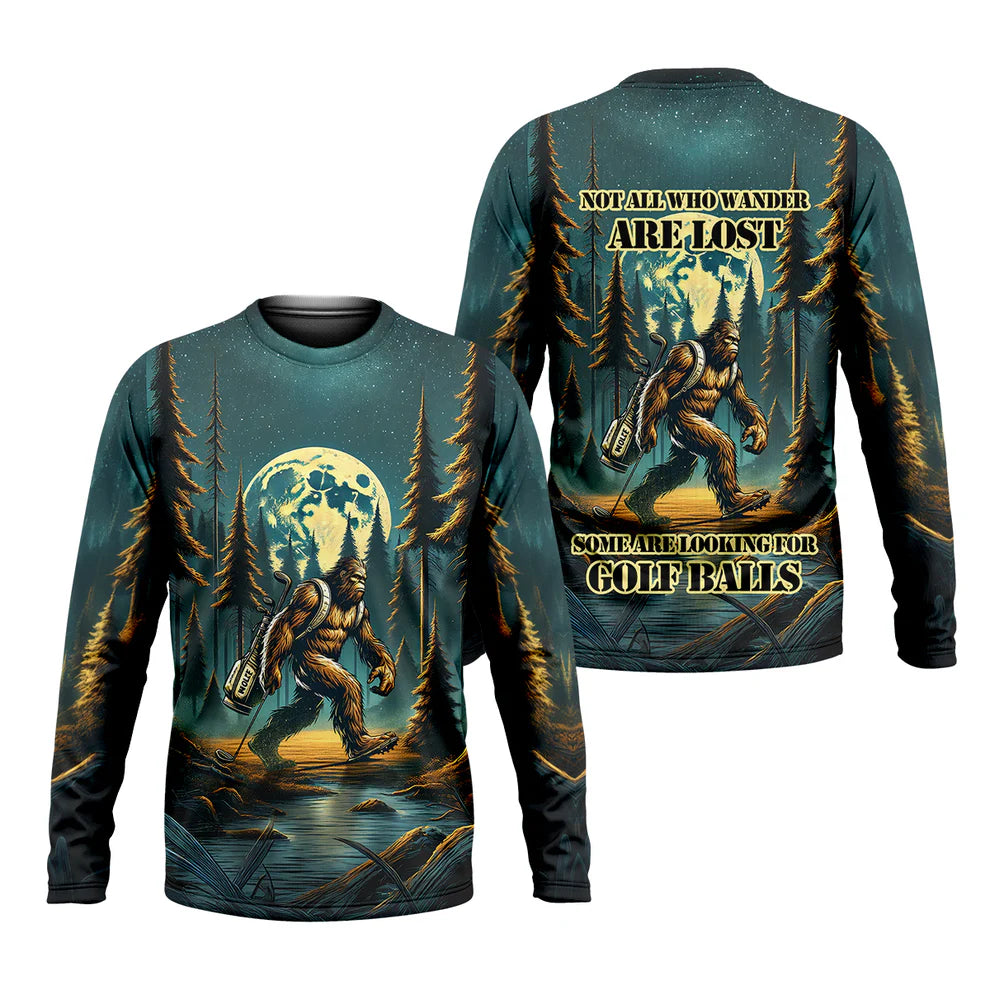 Bigfoot Golf Shirt, Not All Who Wander Are Lost, Funny Men's Forest Graphic Tee, Golf Gifts For Dad