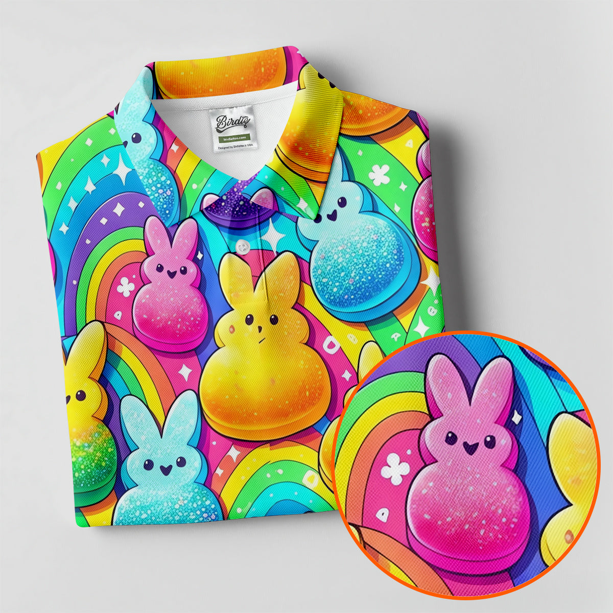 Colorful Easter Peeps Rainbow Pattern Golf Shirts For Men, Cute Golf Outfit, Polo Shirts For Men
