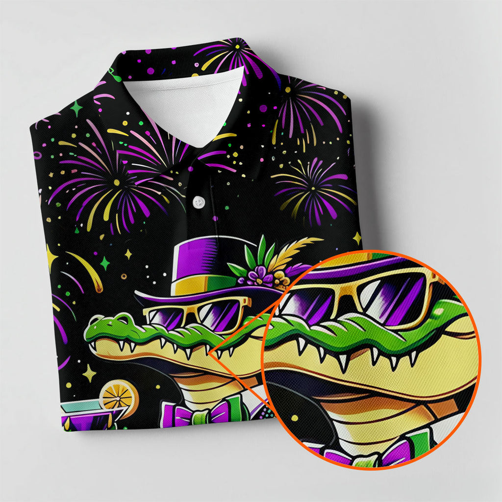 Mardi Gras Aligator Purple Green Gold Confetti Star Golf Tops For Men, Polo Shirts For Men, Golf Shirts For Men