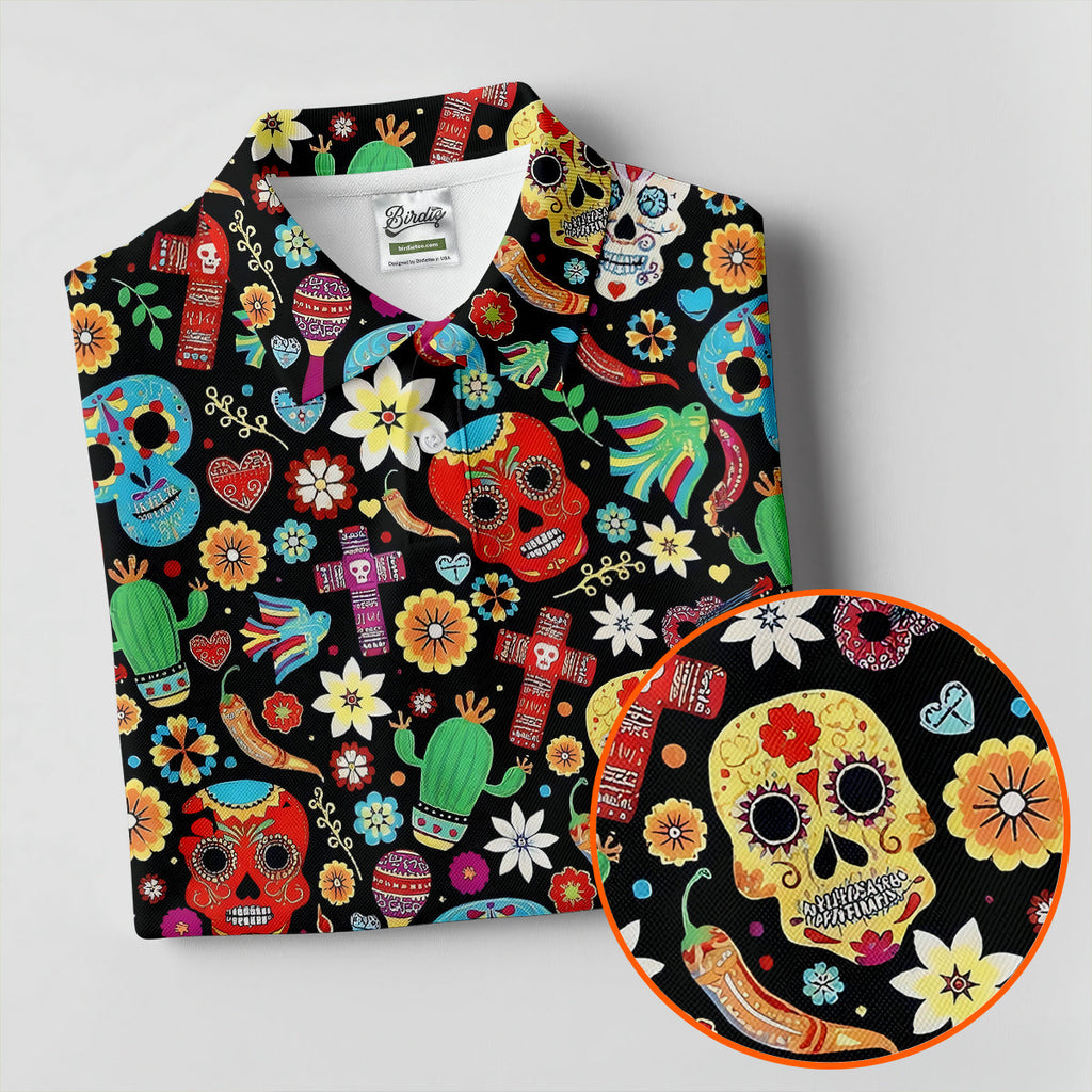 Skull With Flowers Cinco De Mayo Celebration Fiesta Themed Golf Tops For Men, Golf Shirts For Men