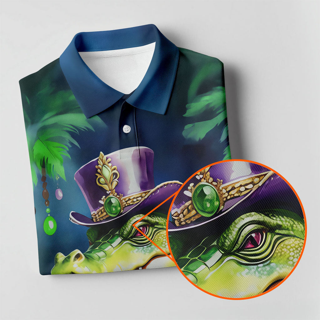 Mardi Gras Alligator Navy Golf Shirt, Men's Funny Golf Shirts, Polo Shirts For Men, Golf Shirts For Men