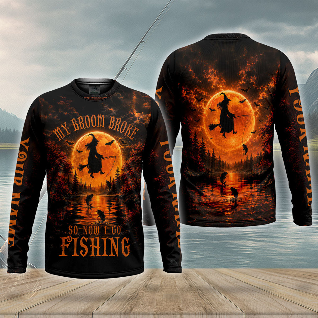 My Broom Broke So Now I Go Fishing UPF Shirt, Mens Fishing Shirt, Halloween Fishing Shirt