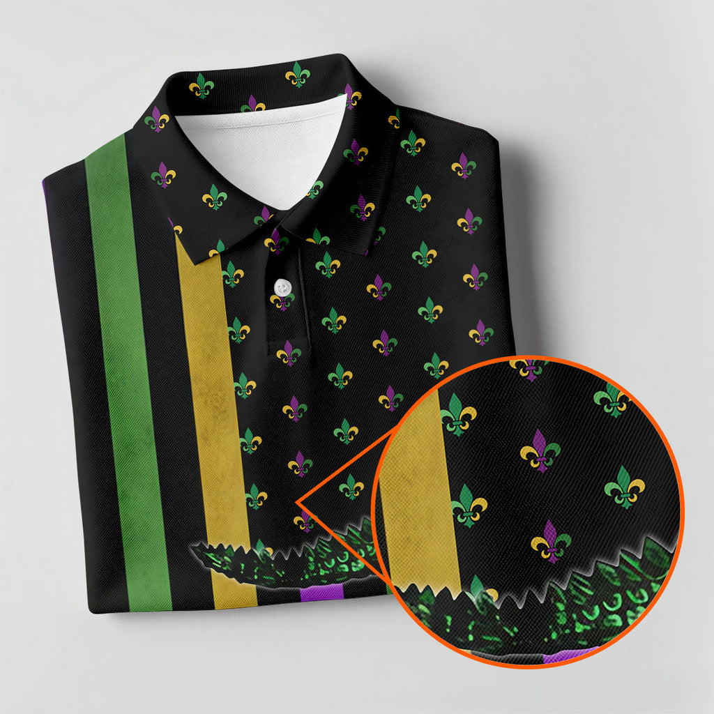 Mardi Gras Aligator Purple Green Gold Vertical Stripes Fleur De Lis Golf Tops For Men, Polo Shirts For Men