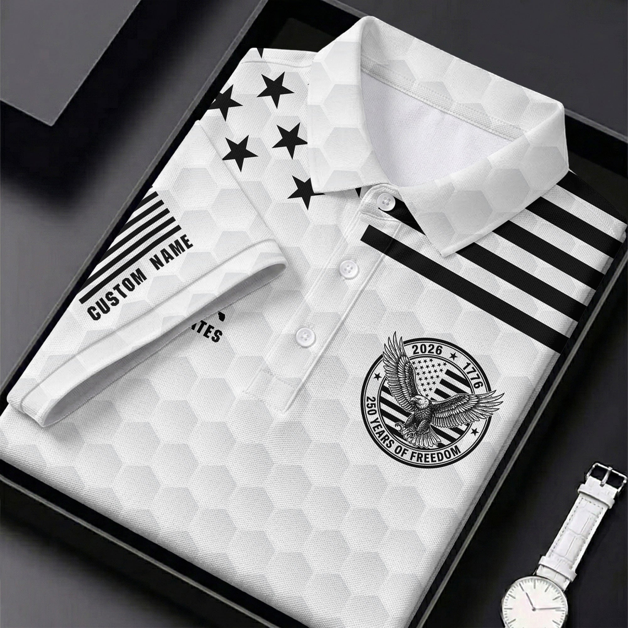 250 Years Of Freedom Golf Ball Pattern White Golf Shirt, 4th Of July Patriotic Golf Shirts For Men