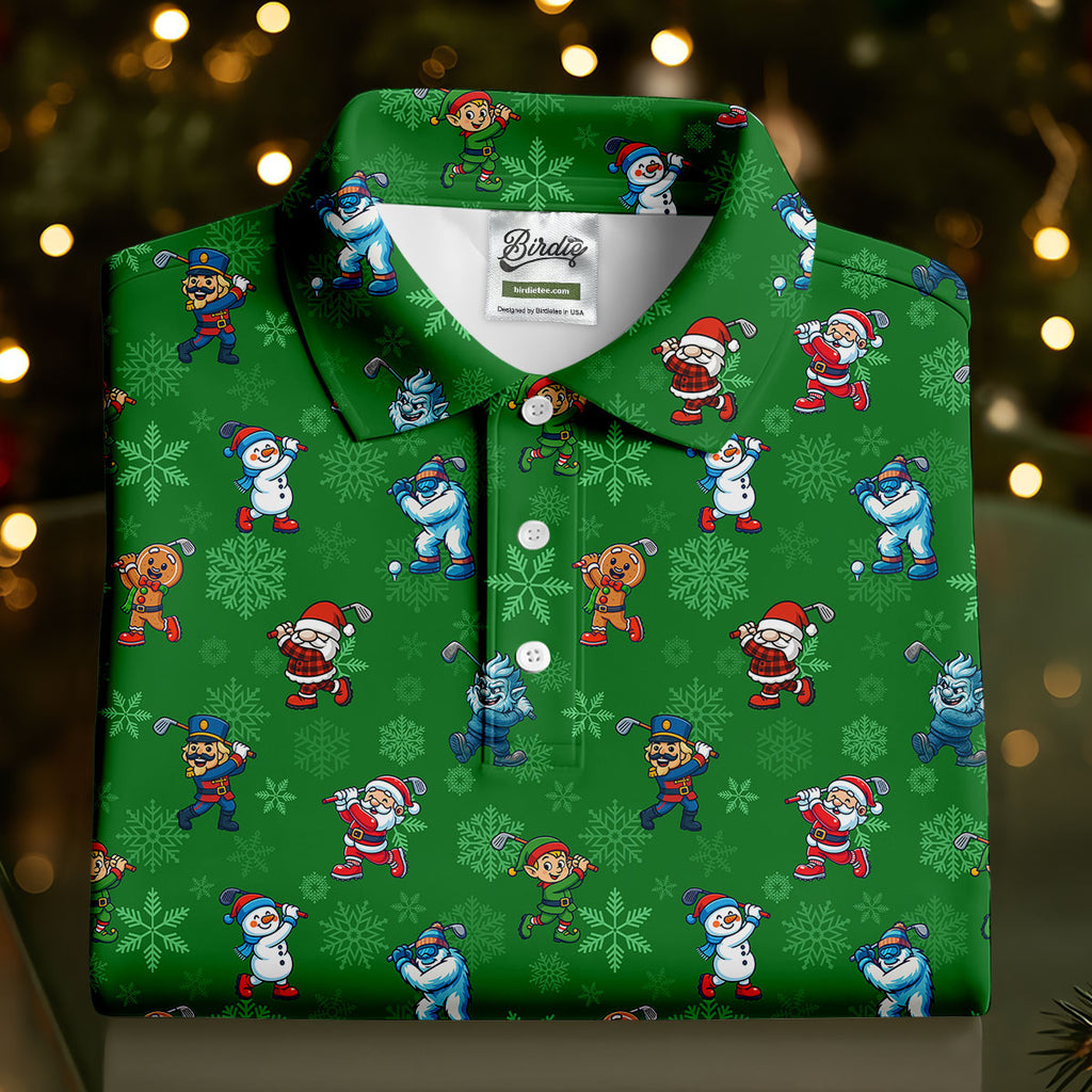 Funny Christmas Characters Golf Pose Green Golf Shirt, Christmas Golf Shirt, Polo ShirtFor Men