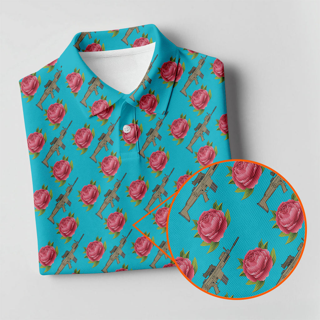 Gun And Rose Seamless Pattern Blue Golf Shirt, Golf Tops For Men, Golf Shirts For Men