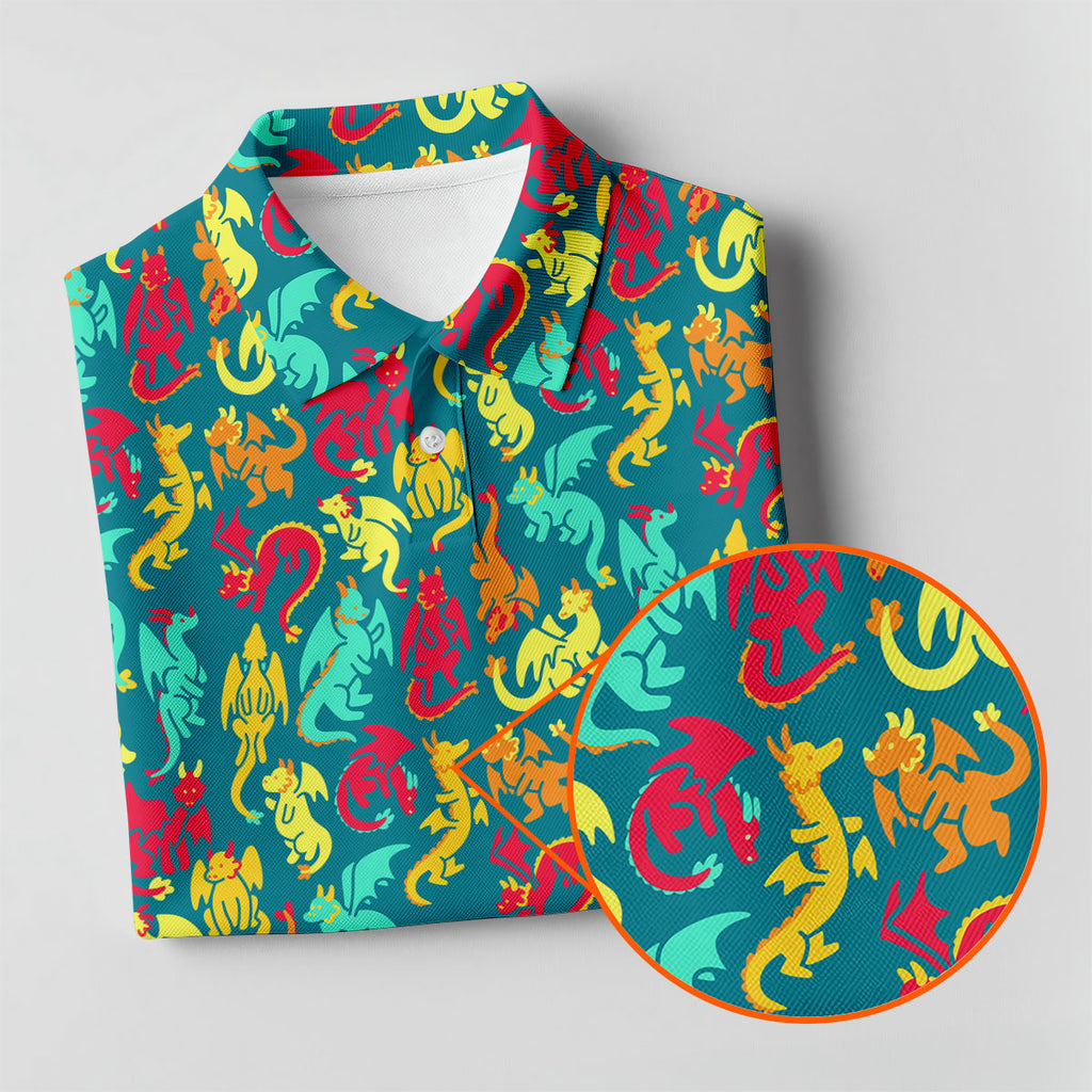 Cartoon Dragons Colorful Golf Shirt, Cute Golf Outfit, Polo Shirts For Men, Golf Shirts For Men