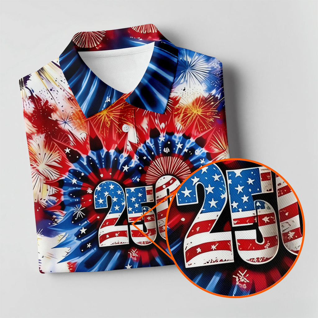 250 Years Red White Blue Tie Dye Print Patriotic Golf Shirt, 4th Of July Golf Shirts For Men
