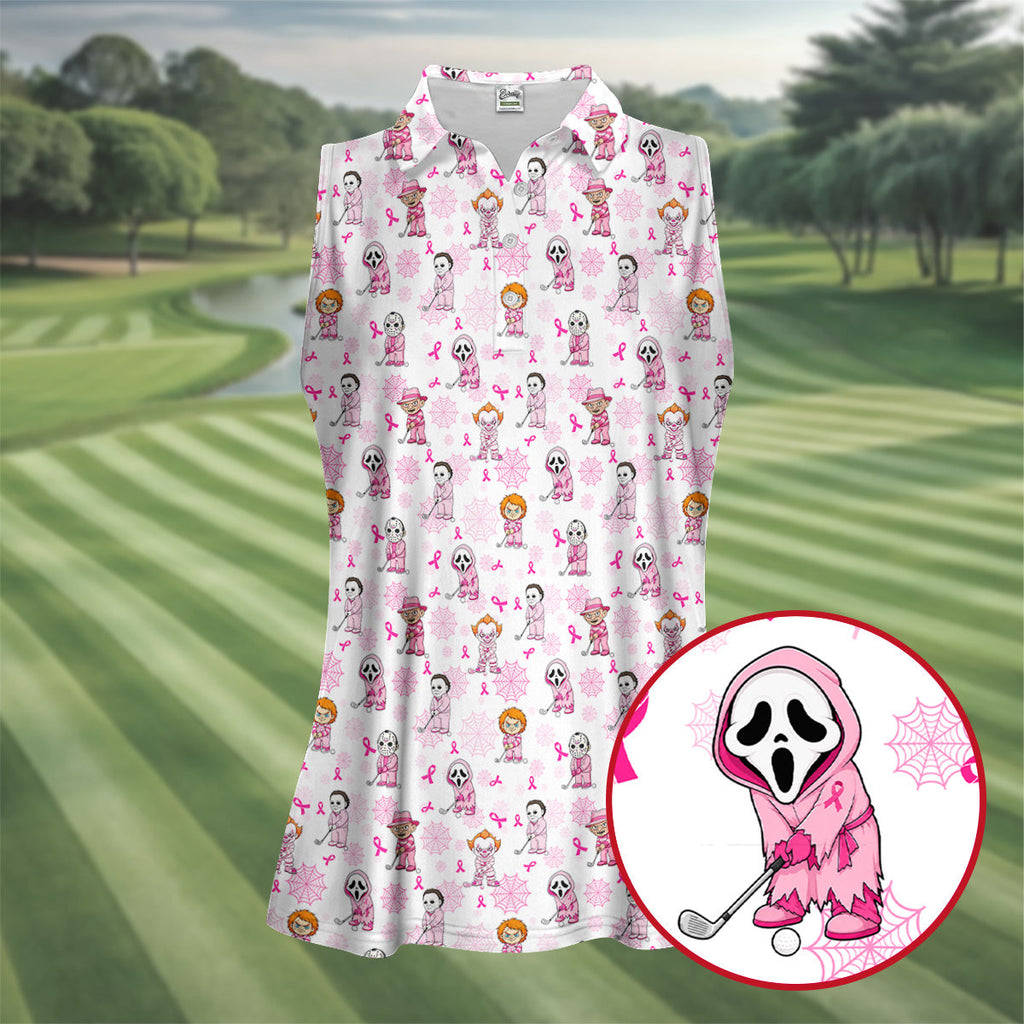 Halloween Horror Character Breast Cancer Polo Shirt, Ladies Golf Tops, Printed Golf Shirt