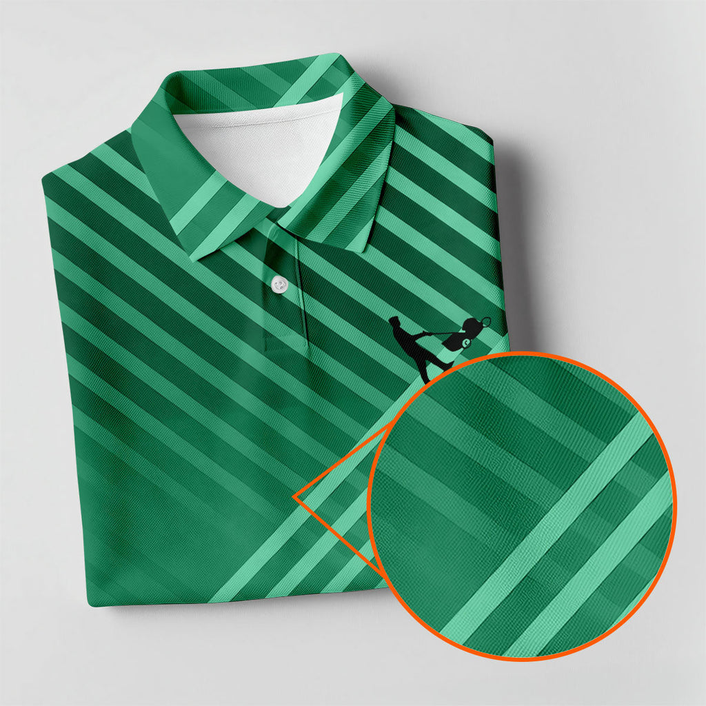 Green And White Striped Pattern Golf Tops For Men, Performance Golf Shirt, Polo Shirts For Men