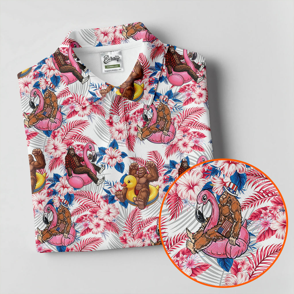 Funny Bigfoot Pool Party Hawaiian Golf Shirt, Red White Blue Tropical Flamingo Golf Shirts For Men