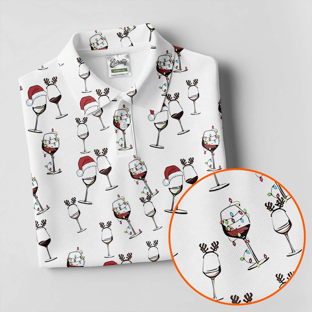 Christmas Wine Glass With Colorful Lighting White Golf Shirt, Christmas Golf Shirt, Polo ShirtFor Men