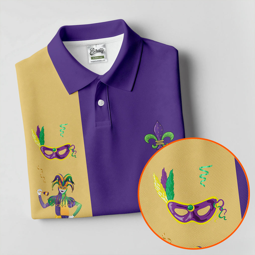 Mardi Gras Festival Jester Figure Fleur De Lis Symbol Purple Golf Shirt, Polo Shirts For Men, Golf Shirts For Men