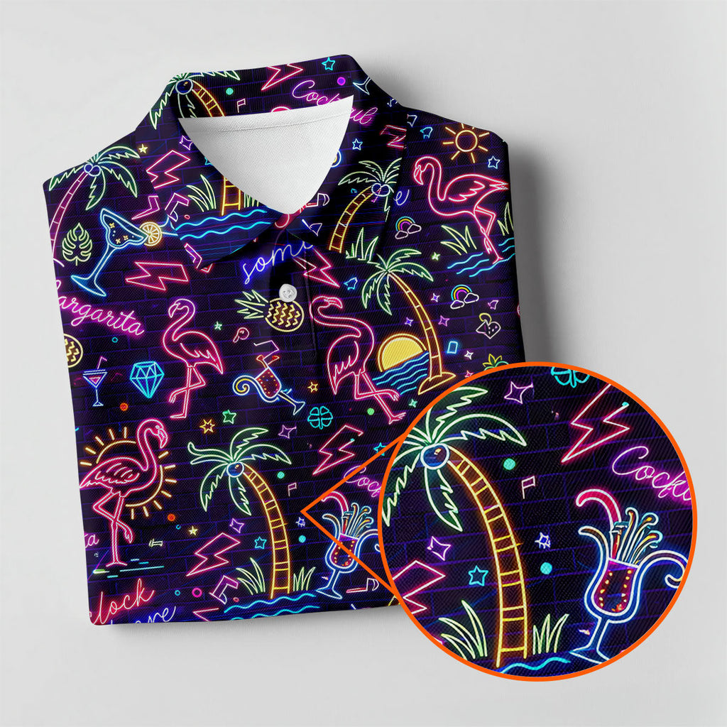 Tropical Theme Neon Pattern Black Golf Shirt, Men's Funny Golf Shirts, Polo Shirts For Men