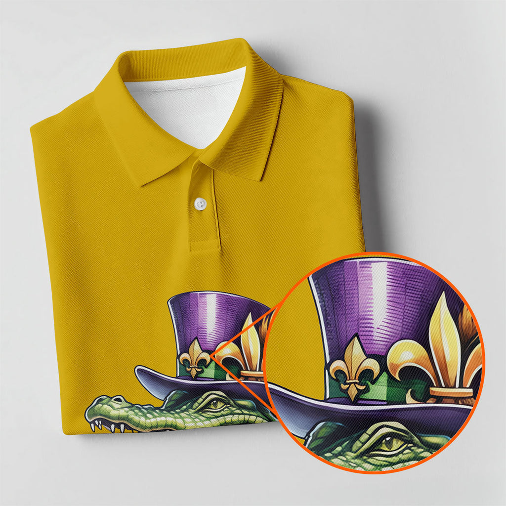 Mardi Gras Alligator Playing Saxophone Yellow Golf Shirt, Golf Shirts For Men, Polo Shirts For Men